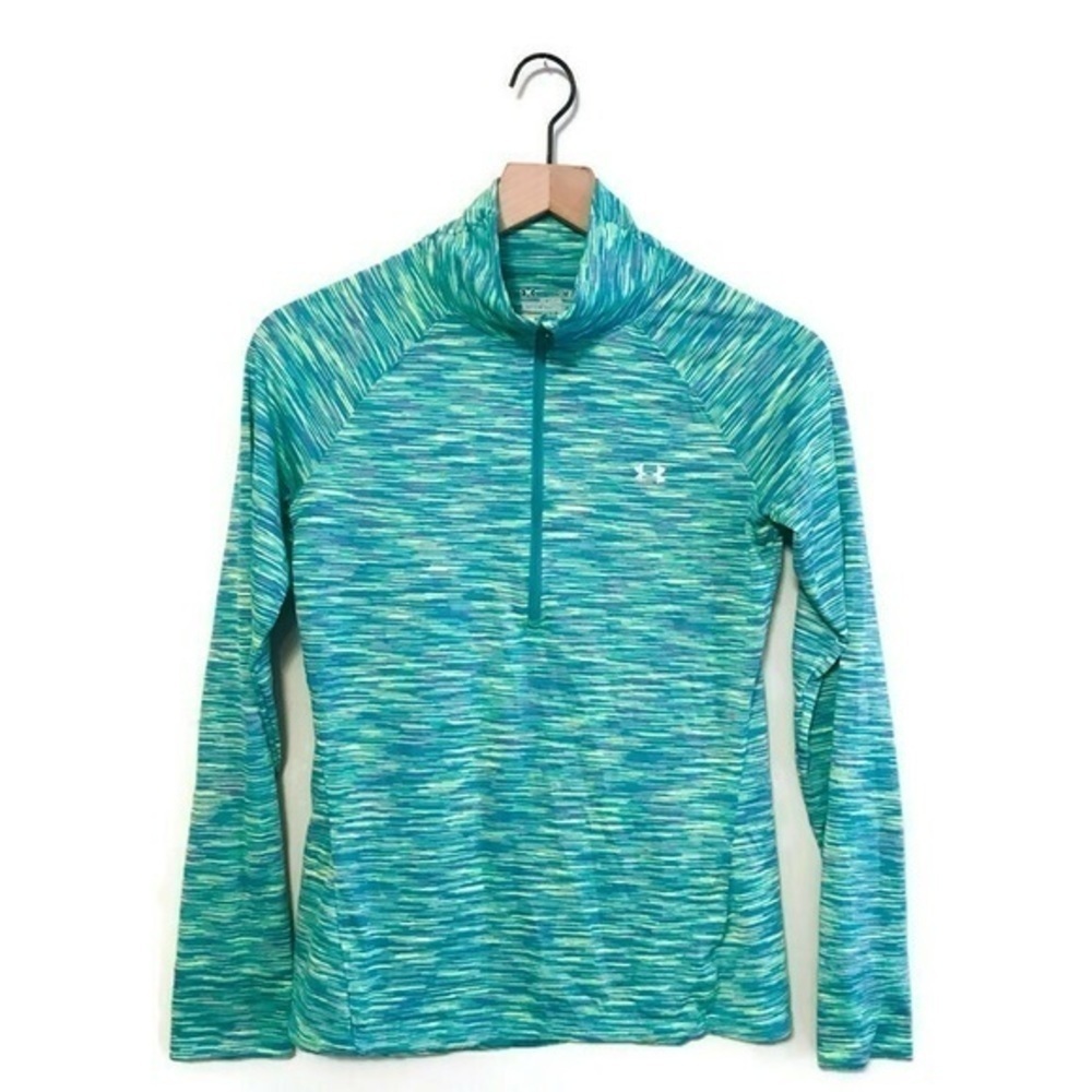 Under Armour UA Tech All Season Semi Fitted Green Blue Half Zip Long Sleeve Top - Picture 2 of 7